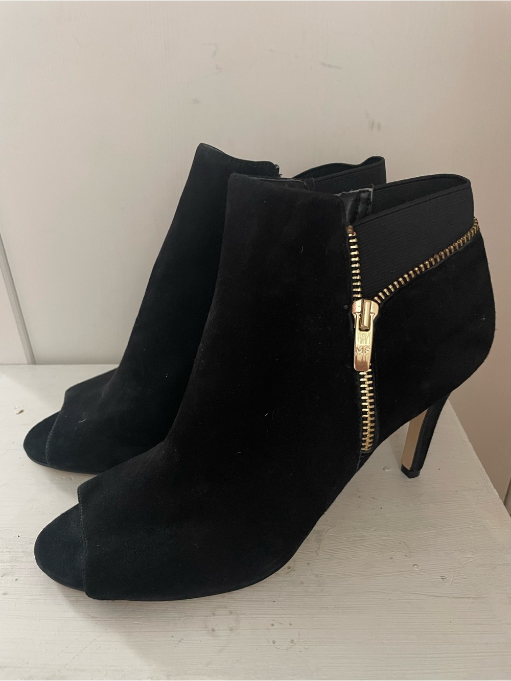 Marc Fisher Black Suede Peep-Toe Ankle Booties with Gold Zip